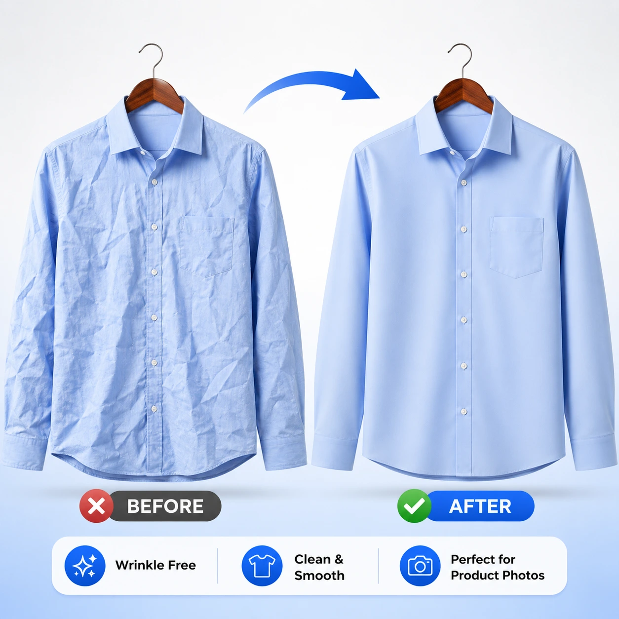 Before and after apparel wrinkle removal comparison using AfterTaken AI